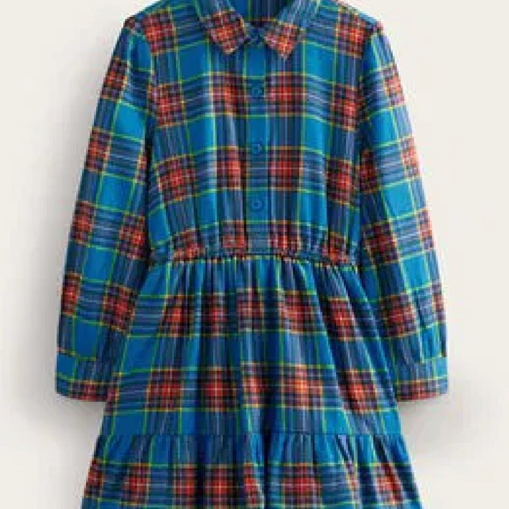 Mini Boden Girls Plaid Flannel Dress Size 8/9 in Blue - Picture 1 of 5